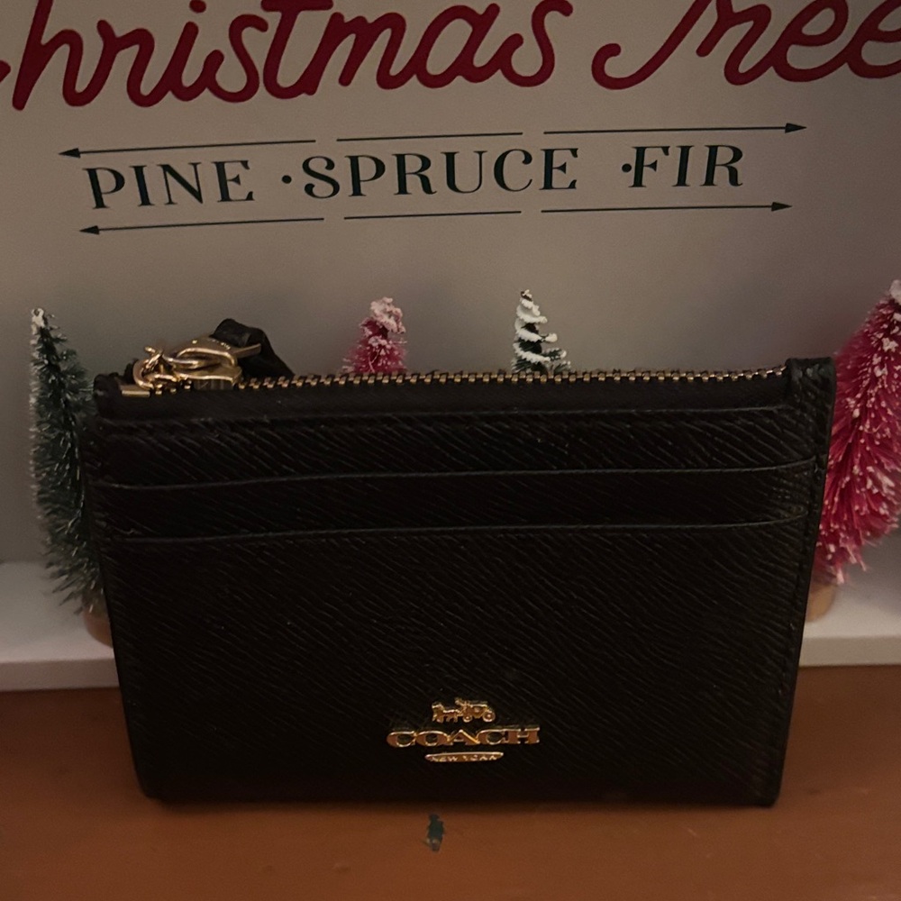Coach Black Leather Card Wallet with Gold Accents